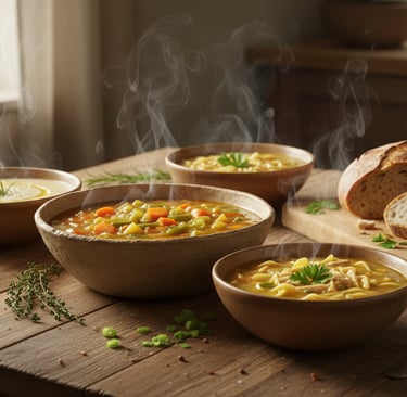 a table with bowls of soup and bread