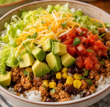A healthy taco bowl with seasoned ground meat, white rice, avocado chunks, salsa, and shredded cheese.