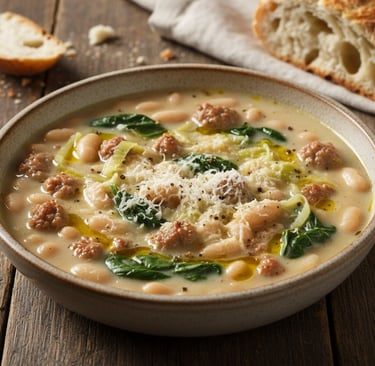 a bowl of white bean sausage soup with a bread