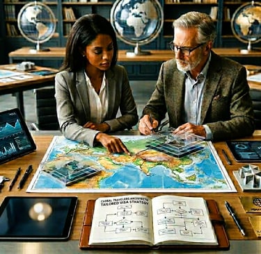 Visa consultants designing a customized travel strategy around a world map with a Visit Visa Abroad