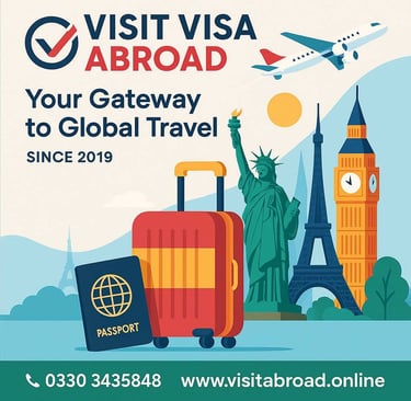 Visit Visa Abroad – Global travel services since 2019 with passport, suitcase, airplane, and famous