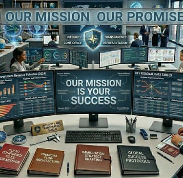 Office scene with screens displaying data, including a prominent central message: "OUR MISSION IS YO