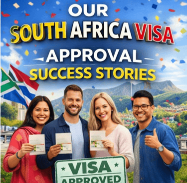 South Africa visa approval success banner with happy applicants holding passports and visa approved