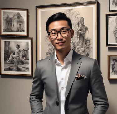 A person stands in front of a diverse collection of paintings displayed on an outdoor wall. The artworks vary in style, depicting scenes such as cityscapes, people, and still lifes with flowers. The person appears to be observing the art closely.