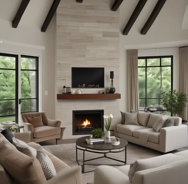 The image features a partially renovated interior space with ornate moldings and a large arched window with stained glass. Scaffolding and ladders are positioned throughout the area, along with painting supplies and construction equipment. The light coming through the window creates a contrast with the otherwise muted tones of the room.