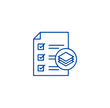 Blue glowing document icon with checked boxes and a stacked layer symbol representing data management.