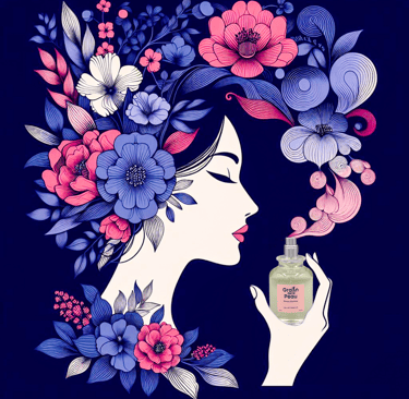 Femme hume un parfum, des volutes se transformant en fleurs faisant exalter ses sens.