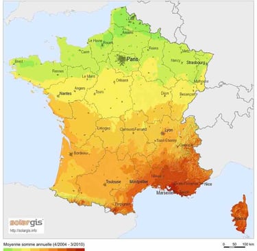 Carte de l’irradiation solaire en France, mettant en évidence la région PACA