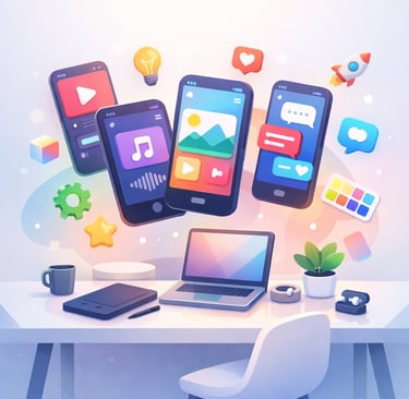 Digital content marketing illustration with 3D mobile app icons floating above a laptop on a workspace desk.
