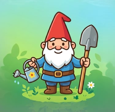 Cute cartoon garden gnome with a red hat holding a watering can and shovel.