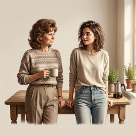 two women standing next to each other in front of a window