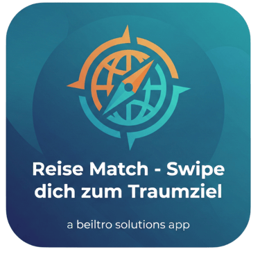 Reise Match app icon featuring a stylized globe compass with travel swipe text on a blue background.
