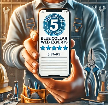 A man holding a phone with a blue and white phone showing 5 star reviews.