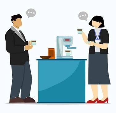 Flat illustration of business colleagues networking and talking over coffee in an office breakroom.
