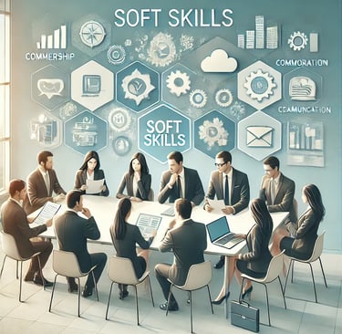 a group of business people sitting around a table and discussing on the topic of soft skills