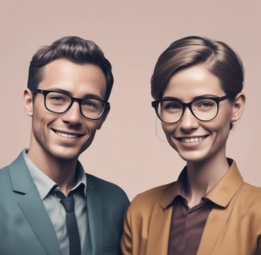 a man and woman in glasses and a suit