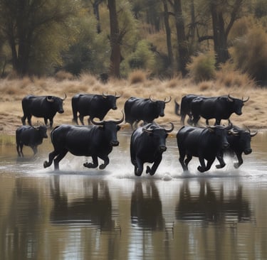 a herd of black bulls running through water