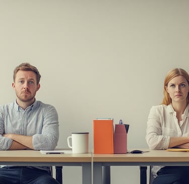 Dos personas trabajadoras de una oficina aburridas o enfadadas