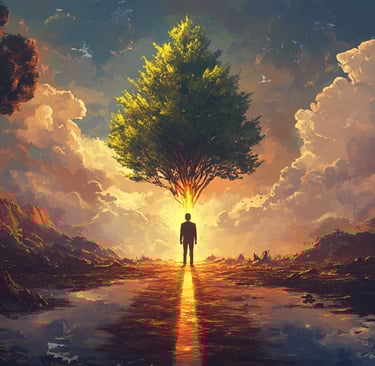 Árbol simbólico que representa la ética en el emprendimiento y el equilibrio entre éxito y valores.