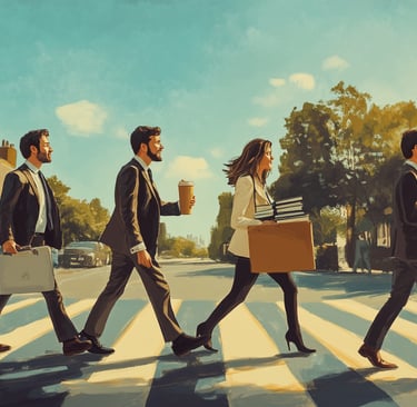 a man and woman walking across a zebra crossing the street
