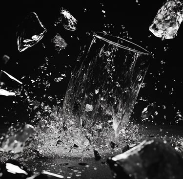 Vaso de agua rompiéndose en pedazos.