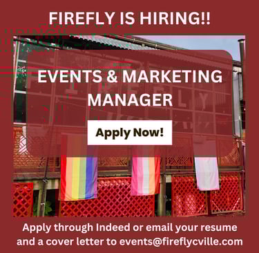 Firefly hiring poster for an Events and Marketing Manager role with Pride flags on a wooden deck.