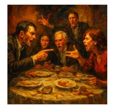 Portrait of a multi generational family, haveing a dinner table argument.