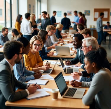 Community mentors and newcomers collaborating to build skills in a U.S. pilot workshop.