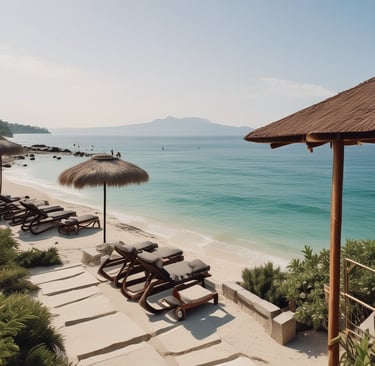 A serene sunset view over a private pool villa on Nusa Lembongan, framed by tropical palms.