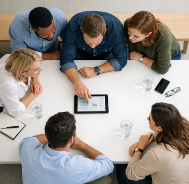 Diverse business team collaborating over data on a digital tablet at a modern office table.