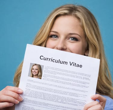 A blonde woman holding her professional Curriculum Vitae resume paper against a blue background.