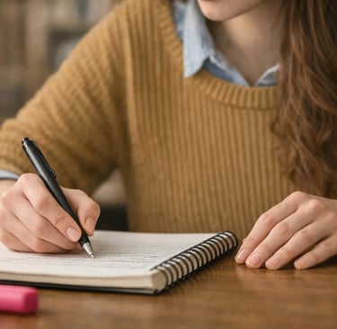 A student in a yellow sweater taking notes in a spiral notebook with a black pen.