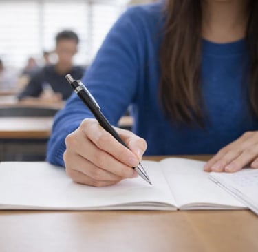 A student writing in a notebook with a pen during a university lecture or school exam.