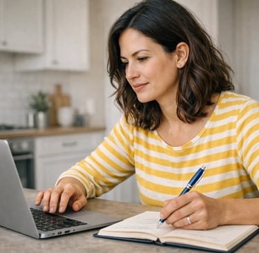 A woman working remotely from home on a laptop while taking notes in a notebook.