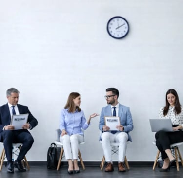 Diverse candidates holding resumes while waiting for a job interview in a modern office lobby.