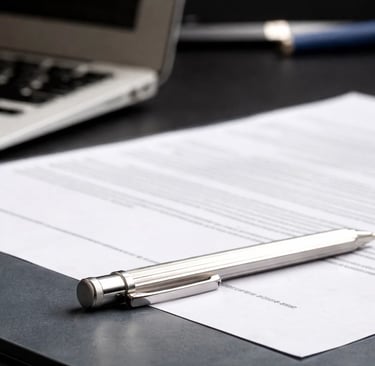 A silver ballpoint pen resting on a signed legal document or contract next to a laptop computer on a desk.