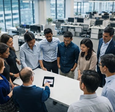 Diverse business team collaborating around a digital tablet in a modern open-plan office.