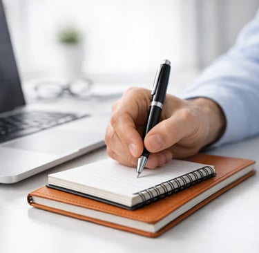 A copywriter writing notes in a spiral notebook with a pen at a desk with a laptop.