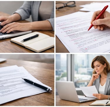 Professional editor reviewing a resume and typing on a laptop for resume writing services.