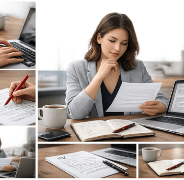 Professional woman reviewing a resume and curriculum vitae while working at a laptop in an office.