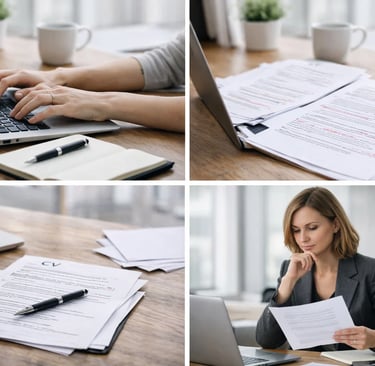 Professional editor reviewing a printed CV and typing on a laptop at a bright wooden desk.