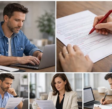 Professional editors proofreading business documents on laptops and paper for high-quality content.