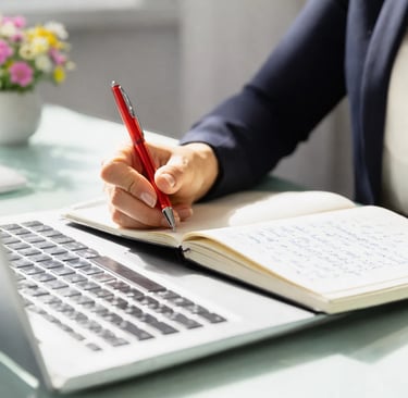 Professional woman writing notes in a journal with a red pen next to a laptop on a desk.