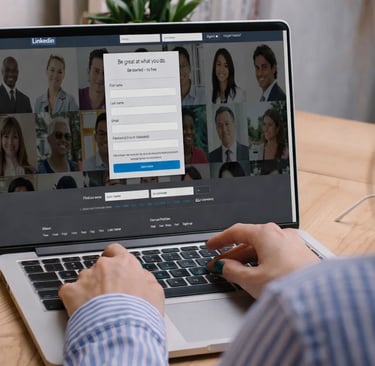 A person using a laptop to access the LinkedIn login and sign-up page for professional networking.