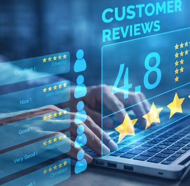 Digital dashboard displaying customer reviews and star ratings on a laptop keyboard for reputation management.