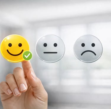 Hand selecting a yellow smiley face emoji for a positive customer feedback survey rating.