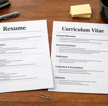 A printed resume and curriculum vitae layout on a wooden desk with a black coffee mug and calculator.