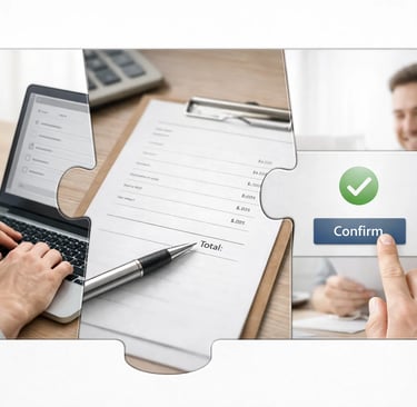 Puzzle collage of hands using a laptop, signing a document, and clicking a confirm button.