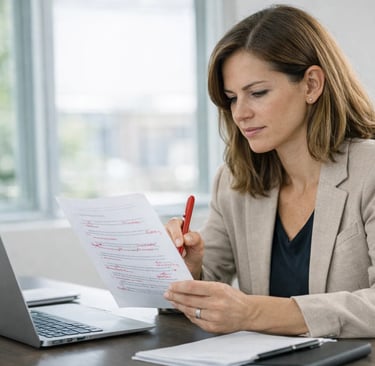 Professional female editor proofreading a document with a red pen at her office desk.