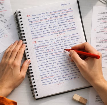 A student taking handwritten notes in a spiral notebook with a red pen on a white desk with coffee and glasses.